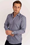 Beyaz Lacivert Kareli Slimfit Gömlek