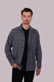 Lacivert Hasır Desenli Oduncu Oversize   Erkek Gömlek