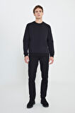 Erkek Siyah Standart Fit Normal Kesim Bisiklet Yaka 3 Iplik Pamuklu Sweatshirt