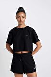 DeFactoFit Cropped Fit Bisiklet Yaka Sporcu Ribana Kısa Kollu Tişört A9916AX24SMBK81