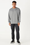 Erkek Gri Melanj Oversize Bol Kesim Bisiklet Yaka Düz Sweatshirt