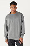 Erkek Gri Melanj Oversize Bol Kesim Bisiklet Yaka Düz Sweatshirt