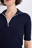 Bodycon Vücudu Saran Polo Yaka Fitilli Kaşkorse Kısa Kollu Midi Elbise
