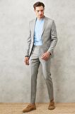 Erkek Gri-mavi Ekstra Slim Fit Dar Kesim Mono Yaka Kareli Klasik Takım Elbise