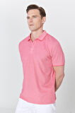 Erkek Çekmeyen Pamuklu Kumaş Slim Fit Dar Kesim Fuşya-Beyaz Kıvrılmaz Polo Yaka Tişört