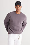 Erkek Koyu Gri Oversize Fit Bol Kesim Pamuklu Içi Polarlı 3 Iplik Bisiklet Yaka Sweatshirt