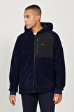 Erkek Lacivert Oversize Bol Kesim Kapüşonlu Sherpa Polar Sweatshirt Ceket