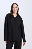 DeFacto Relax Fit Gömlek Yaka Bürümcük Uzun Kollu Siyah Gömlek D7520AX24AUBK81