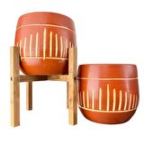 Ev Dekorasyon Aksesuar Dik Çizgi Desenli Toprak Saksı Saksılık Salon Çiçeklik İkili Set Ayaksız - 4 Ayaklı- 19 CM