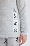 DeFacto Kız Çocuk Pelüş Pijama Takımı Bisiklet Yaka Baskılı Uzun Kollu Üst Beli Lastikli Uzun Alt B1487A824AUGR91