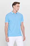 Erkek Çekmeyen Pamuklu Kumaş Slim Fit Dar Kesim Saks-Beyaz Kıvrılmaz Polo Yaka Tişört