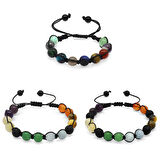 Tesbihane Makrome Örgülü Küre Kesim Multicolor Doğaltaş Kombinli Erkek-Kadın-Çocuk Başarı Bilekliği(3lü Set)