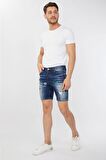 Erkek Baskı Desenli Jean Şort Koyu Mavi