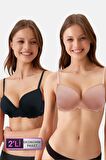 2'li Ekonomik Paket Siyah-Pink Nude 6807 Kansas Dantelli Micro Saten Sütyen Set (D Cup Seçeneğiyle)
