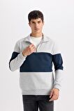 DeFacto Comfort Regular Fit Rahat Kalıp Dik Yaka Fermuarlı Çizgili Kalın Sweatshirt D2401AX24AUGR389