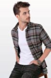 Füme Kırmızı Çizgili Slimfit Oduncu Gömlek
