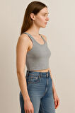 Fibula Moda Kadın Gri Kaşkorse Geniş Askılı Crop