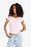 Slim Fit Dar Kesim Kayık Yaka Fitilli Kaşkorse Kısa Kollu Tişört