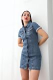 Kısa Kollu Önden Düğmeli Jean Elbise Mavi