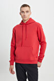 Erkek Kırmızı Standart Fit Normal Kesim Içi Polarlı 3 Iplik Kapüşonlu Pamuklu Sweatshirt