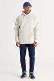 Erkek Bej Oversize Fit Bol Kesim Kapüşonlu Içi Polarlı 3 Iplik Baskılı Sweatshirt