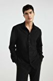 DeFacto Regular Fit Polo Yaka Krinkıl Basic Düz Uzun Kollu Siyah Gömlek B6484AX24SPBK27