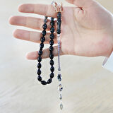 925 Ayar Gümüş Püsküllü Arpa Kesim Gümüş İsim Yazılı Süzme Beyaz-Siyah Ateş Kehribar Tesbih