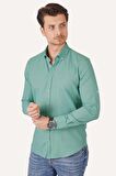 Mint Yeşili Yaka Düğmeli Keten Slimfit Gömlek