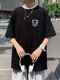 Baskılı Oversize Bisiklet Yaka T-shirt - Siyah