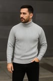 Erkek Balıkcı Yaka Bağazlı Triko Kazak Pamuklu Kalın Fitilli Dokuma, Regular Fit Uzun Kollu Kışlık Model - Gri