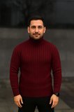 Erkek Balıkcı Yaka Bağazlı Triko Kazak Pamuklu Kalın Fitilli Dokuma, Regular Fit Uzun Kollu Kışlık Model - Bordo
