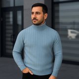Erkek Balıkcı Yaka Bağazlı Triko Kazak Pamuklu Kalın Fitilli Dokuma, Regular Fit Uzun Kollu Kışlık Model - Bebe Mavisi