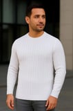 Erkek Bisiklet Yuvarlak Yaka Triko Kazak Pamuklu Kalın Fitilli Dokuma, Regular Fit Uzun Kollu Kışlık Model - Beyaz
