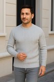 Erkek Bisiklet Yuvarlak Yaka Triko Kazak Pamuklu Kalın Fitilli Dokuma, Regular Fit Uzun Kollu Kışlık Model - Gri