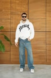Erkek Kapüşonlu Sweatshirt Hoodie  İplik Şardonlu Pamuklu Kumaş, Önü Baskılı, Fermuarlı Rahat Kalıp, Kışlık Ve Sokak Stili Sweat - Beyaz