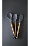 3 Lü Set Hakiki Bambu Saplı Silikon Kaşık Kepçe Spatula Seti