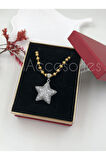 Çelik Kadın Kolye Paslanmaz Çelik 14k Gold Zincir Gümüş Renk Yıldızlı Özel Seri Kadın 45 cm Kolye