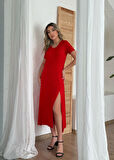 fh fashionhere Kadın Kısa Kollu V Yaka Maxi Boy Elbise 124 Cm