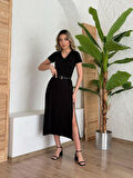 fh fashionhere Kadın Kısa Kollu V Yaka Maxi Boy Elbise 124 Cm