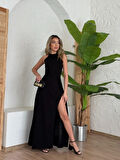 fh fashionhere Kadın Halter Yaka Derin Yırtmaç Detaylı Tam Boy Ithal Krep Abiye Elbise