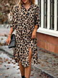 fh fashionhere Kadın Leopar Desenli Cep Detay Kolu Manşetli Moskrep Gömlek Elbise