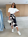 fh fashionhere Kadın Kısa Kollu Bisiklet Yaka Viskon Bluz Ve Desenli Süprem Etek Ikili Takım