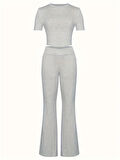 fh fashionhere Kadın Kısa Kollu Bisiklet Yaka Alt Ispanyol Paça Viskon Ikili Takım