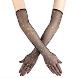 Siyah İncili Elmas File Örgü Uzun Eldiven