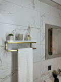 Fulya Banyo Ahşap Raflı Gold Metal Havlu, Şal Askılık Beyaz Raf