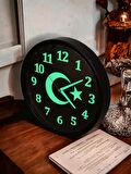 Fosforlu Gece Görünen Parlayan Ayyıldız Siyah Salon Ofis Duvar Saati Çap 28 cm