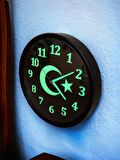 Fosforlu Gece Görünen Parlayan Ayyıldız Siyah Salon Ofis Duvar Saati Çap 28 cm