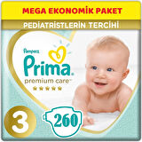 Prima Premium Care Bebek Bezi 3 Numara Midi (6-10Kg) Midi 260 Adet Mega