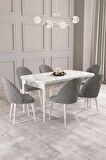 Arya Beyaz Mermer Desen 80x132 MDF Açılabilir Yemek Masası Takımı 6  Sandalye