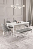 Calvin Beyaz 80x132 MDF Açılabilir Mutfak Masası Takımı 4 Sandalye, 1 Bench